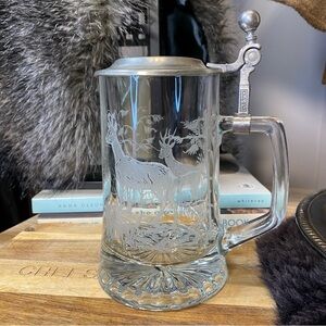 ALWE Pewter Lid Beer Stein Etched Glass Buck Elk Stag Mug West Germany Heavy